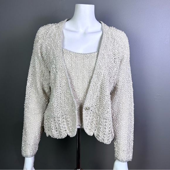 Vintage Cardigan Sweater Size Large twinset Irish Linen Crochet knitted metallic - Picture 1 of 16